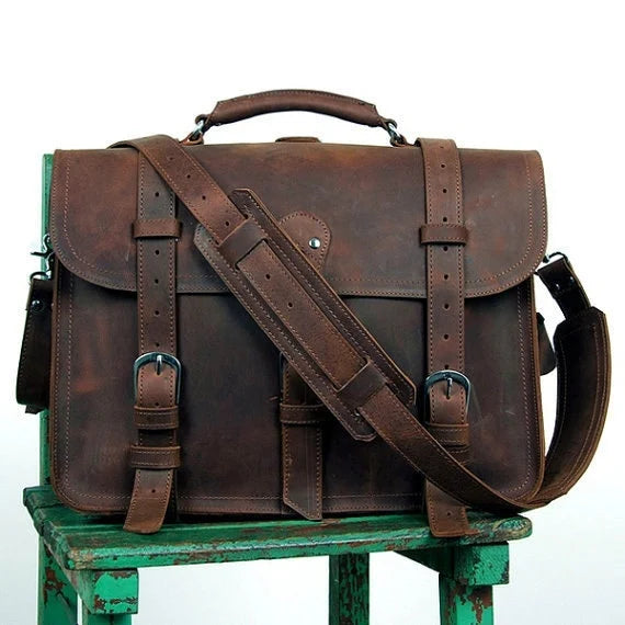 Vintage Crazy Horse Genuine Leather Men Briefcase Business Bag Large Leather Briefcase Male 15.6"Laptop Case Shoulder Bag office