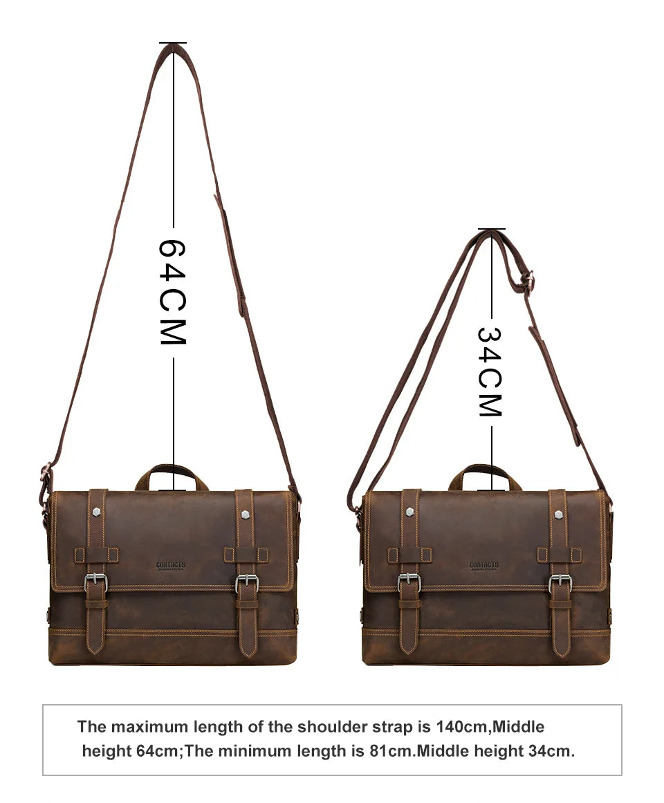 CONTACT'S crazy horse genuine leather men's bag vintage man shoulder bags for laptop messenger bags male bolsa crossbody handbag