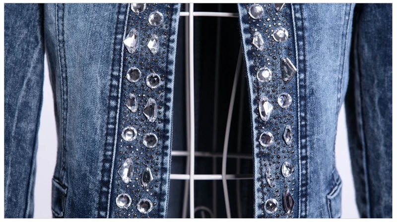 Elegant Diamonds Denim Jackets Women Vintage Jeans Jacket Ladies Spring Autumn Outerwear Slim Casual Denim Coats