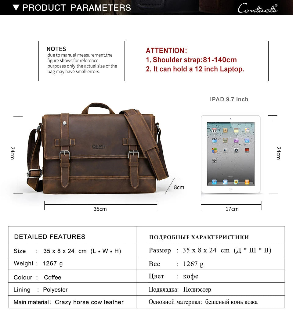 CONTACT'S crazy horse genuine leather men's bag vintage man shoulder bags for laptop messenger bags male bolsa crossbody handbag