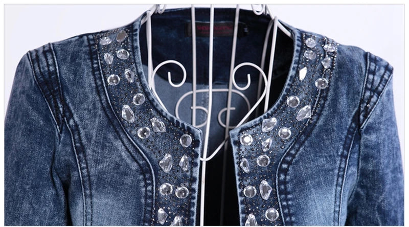 Elegant Diamonds Denim Jackets Women Vintage Jeans Jacket Ladies Spring Autumn Outerwear Slim Casual Denim Coats