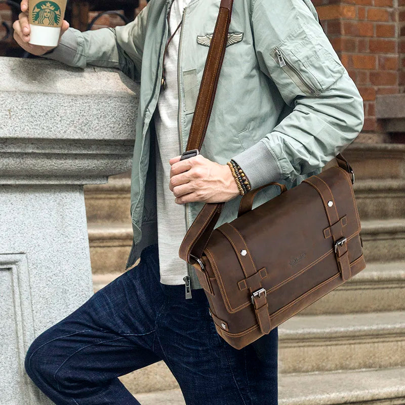 CONTACT'S crazy horse genuine leather men's bag vintage man shoulder bags for laptop messenger bags male bolsa crossbody handbag
