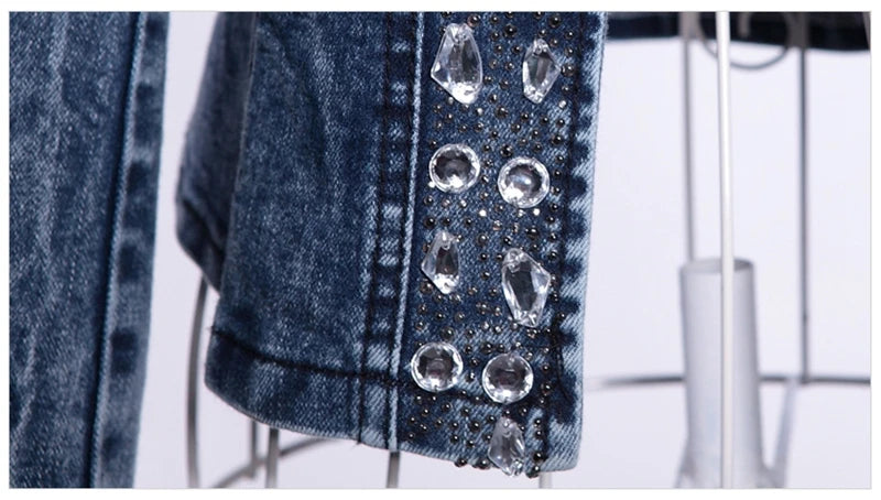 Elegant Diamonds Denim Jackets Women Vintage Jeans Jacket Ladies Spring Autumn Outerwear Slim Casual Denim Coats