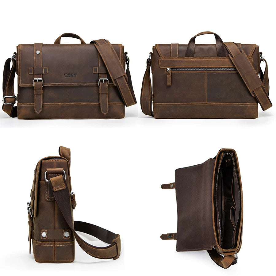 CONTACT'S crazy horse genuine leather men's bag vintage man shoulder bags for laptop messenger bags male bolsa crossbody handbag