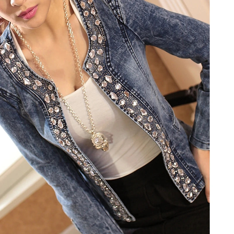 Elegant Diamonds Denim Jackets Women Vintage Jeans Jacket Ladies Spring Autumn Outerwear Slim Casual Denim Coats