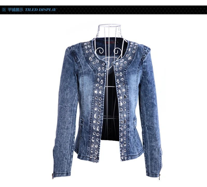 Elegant Diamonds Denim Jackets Women Vintage Jeans Jacket Ladies Spring Autumn Outerwear Slim Casual Denim Coats