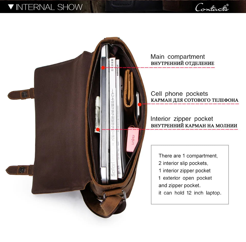 CONTACT'S crazy horse genuine leather men's bag vintage man shoulder bags for laptop messenger bags male bolsa crossbody handbag