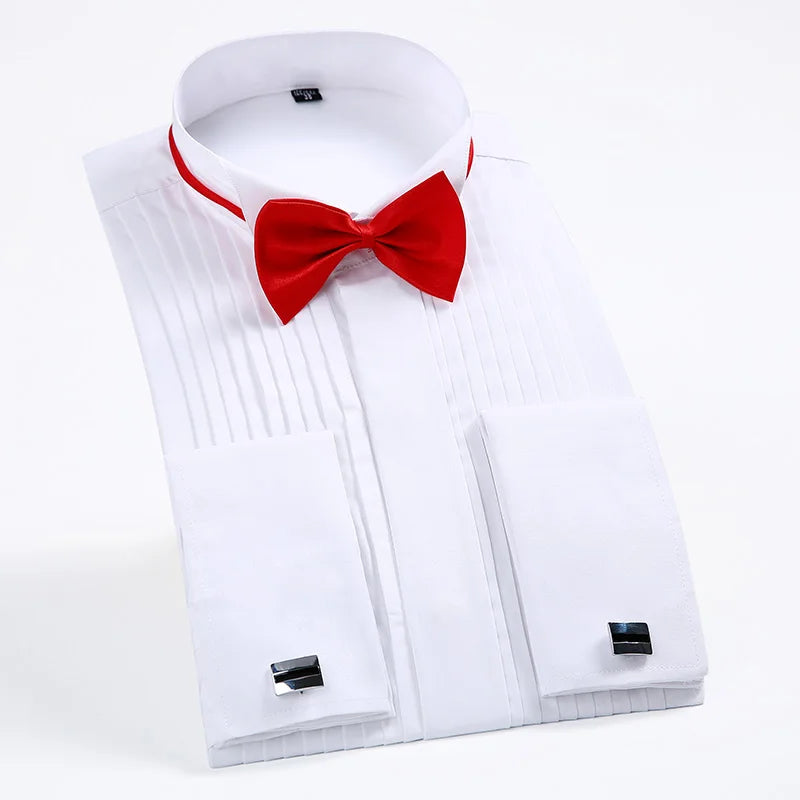 Wing Tip Collar Tuxedo Shirt Long Sleeve Men's French Cuff Button Wedding Dress Shirts Wingtip White Black Pleat with Bowtie