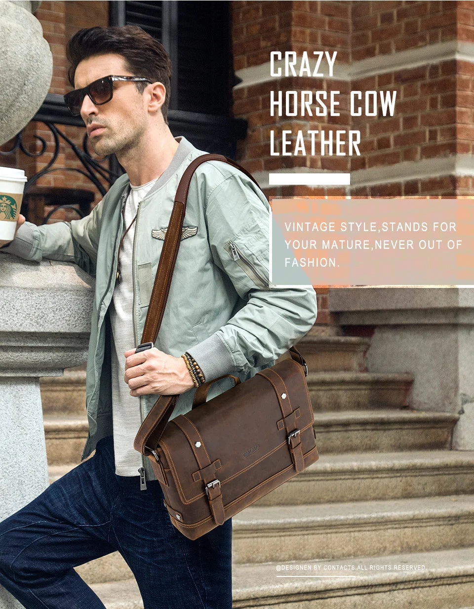 CONTACT'S crazy horse genuine leather men's bag vintage man shoulder bags for laptop messenger bags male bolsa crossbody handbag
