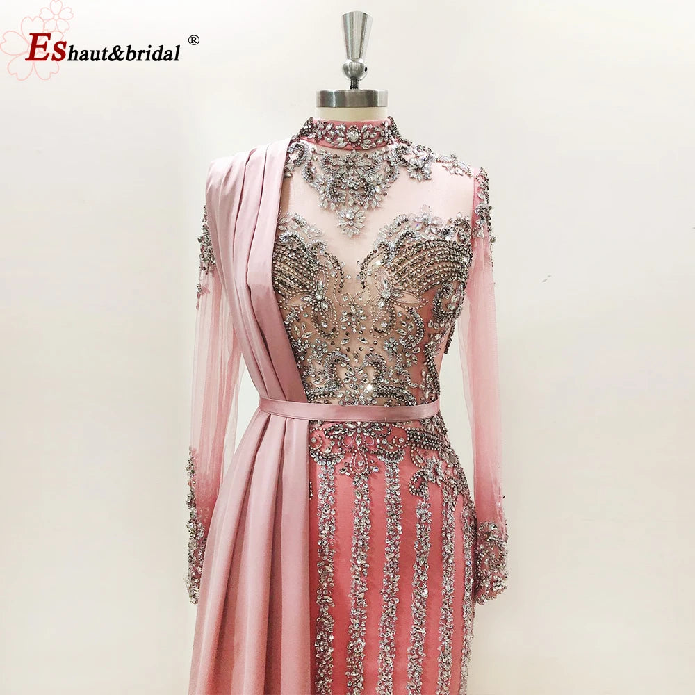 Elegant Muslim Wedding Evening Dress for Women 2026 Crystal High Neck Long Sleeves Mermaid Formal Prom Party Gowns Customized