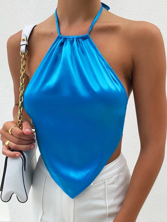 Backless Blue Sexy Halter Top Women Satin Camisole Party Strappy Short Tanks Camis Wrap Tops Y2k Clothes Summer 2022 Outfits