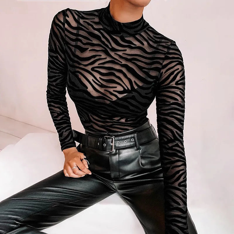 Women's Black Mesh Long Sleeve Slim Bodysuit with Sexy Stripe Mock Neck Transparent Casual Rompers for Party Club Lady 2025