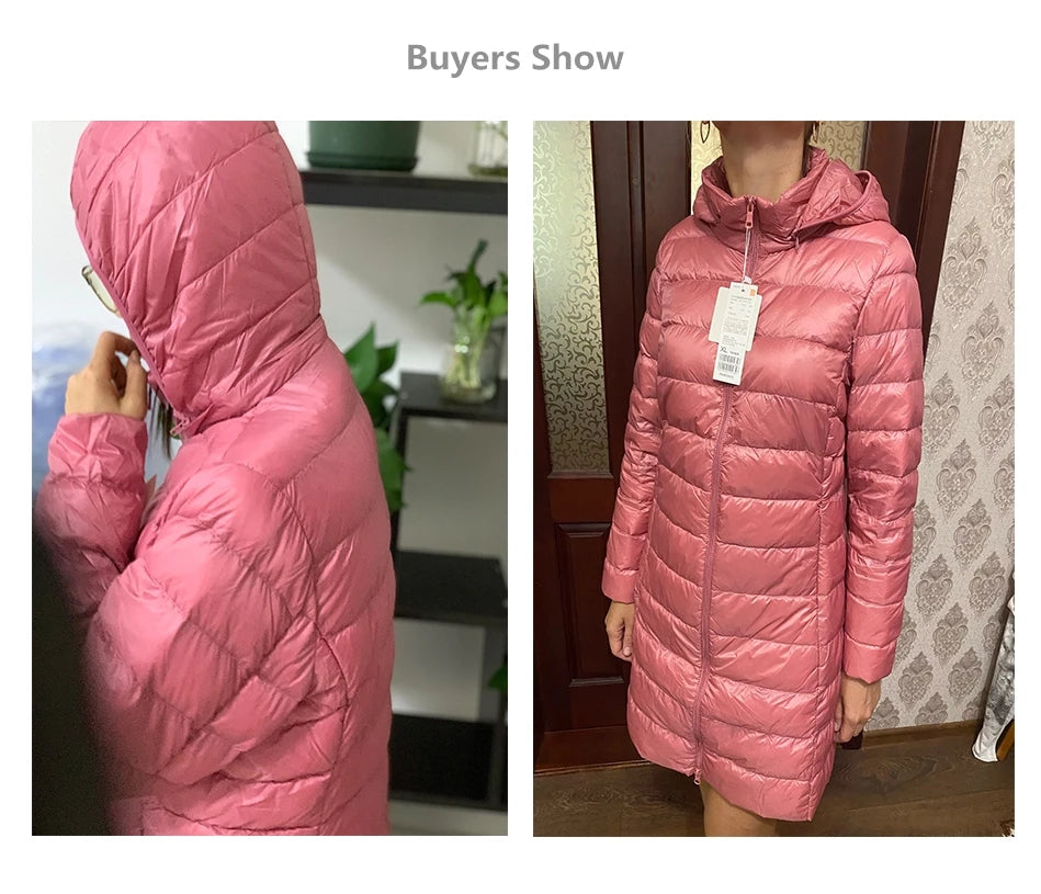 2023 Women Autumn Winter Ultralight Thin Packable Down Long Jacket  Female Hat Detachable Slim Fit Skirt Coat Portable Outwear