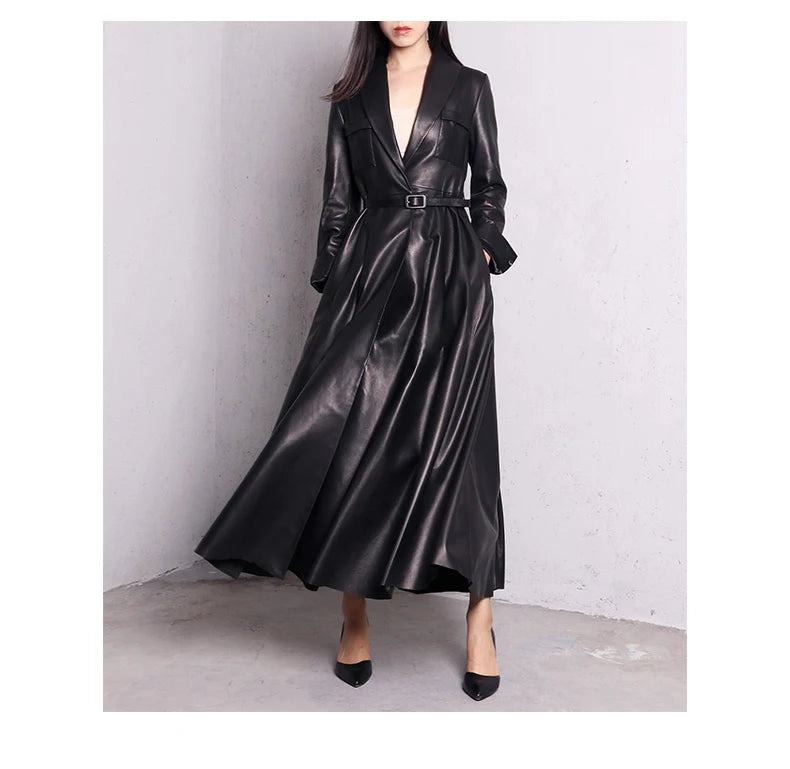 Nerazzurri High Quality Red Black Maxi Pu Leather Trench Coat for Women Extra Long Skirted Elegant Overcoat Fashion 5xl 6xl 7xl