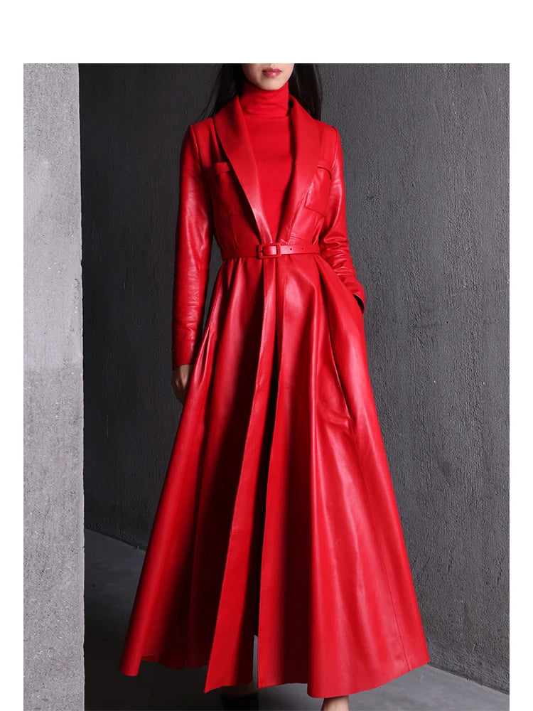 Nerazzurri High Quality Red Black Maxi Pu Leather Trench Coat for Women Extra Long Skirted Elegant Overcoat Fashion 5xl 6xl 7xl