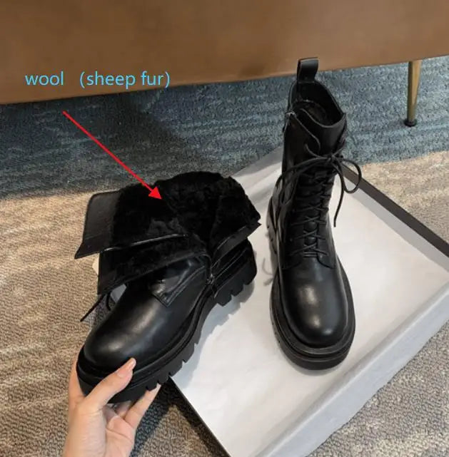 Krazing Pot Wool Winter Keep Warm Snow Boots Full Grain Leather Round Toe High Heels Sheep Fur Lace Up Plus Size Ankle Boots L05