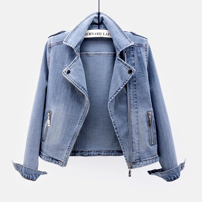 Short Zipper Stretch Denim Jacket Women Slim Vintage Spring Autumn Lady Long-sleeved Motorcycle Coat Casual Female Jean Outwear