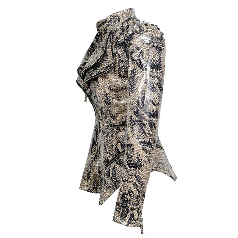 Snake Skin Print PU Women's Winter Jacket Stand Collar Zipper ClothesFashion Casual Pattern Coats Faux Leather Motocycle Top