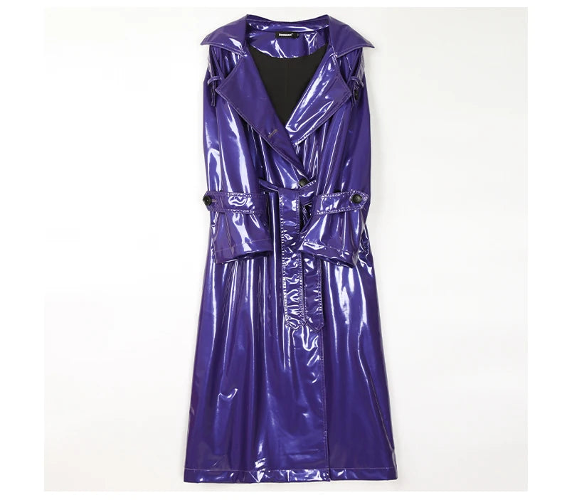 Nerazzurri Long Waterproof Black Patent Leather Trench Coat for Women 2020 Double Breasted Iridescent Oversized Leather Coat 7XL