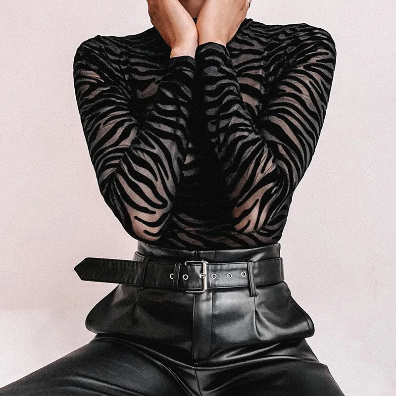 Women's Black Mesh Long Sleeve Slim Bodysuit with Sexy Stripe Mock Neck Transparent Casual Rompers for Party Club Lady 2025