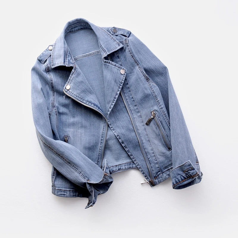 Short Zipper Stretch Denim Jacket Women Slim Vintage Spring Autumn Lady Long-sleeved Motorcycle Coat Casual Female Jean Outwear