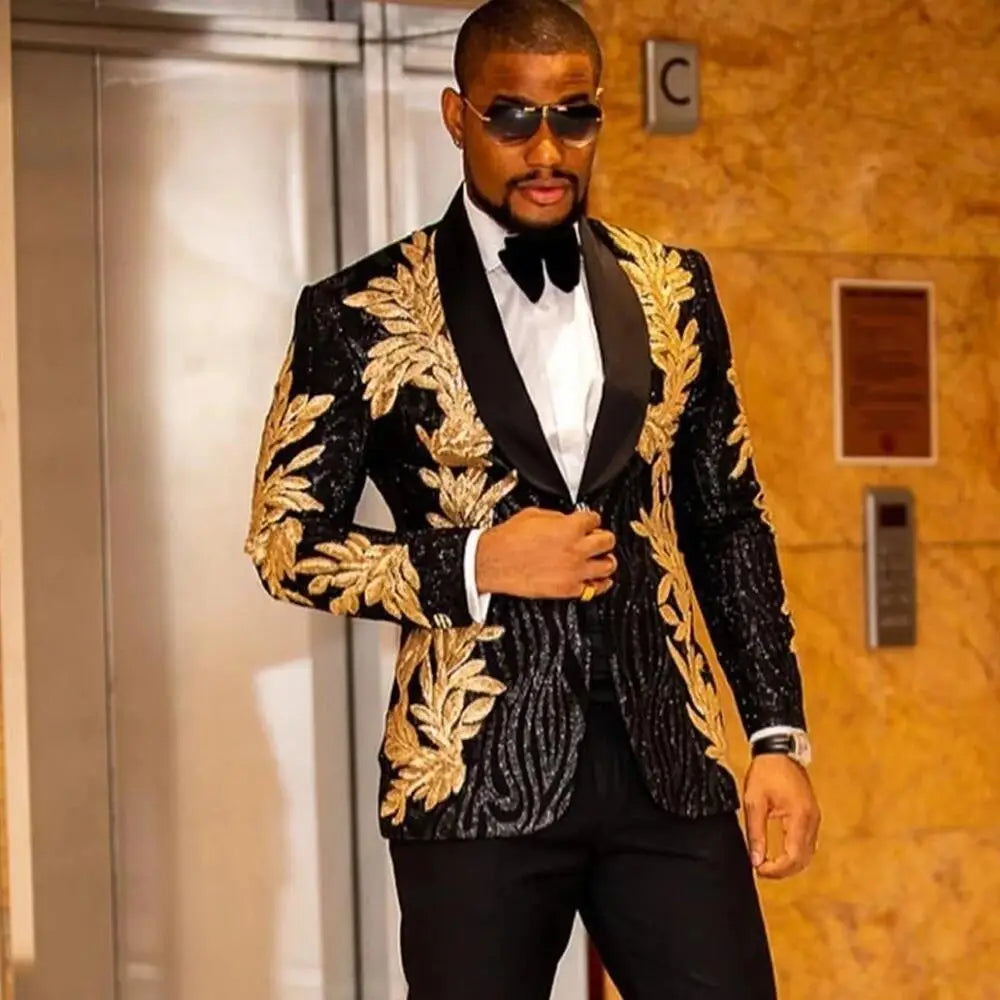 2 Pieces Slim Fit Men's Shiny Sequins Gold Applique Suits Prom Tuxedos Grooms Jacket For Wedding Party Suits Set  Blazer+Pants