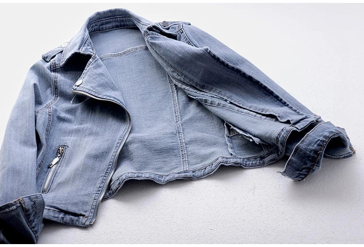 Short Zipper Stretch Denim Jacket Women Slim Vintage Spring Autumn Lady Long-sleeved Motorcycle Coat Casual Female Jean Outwear