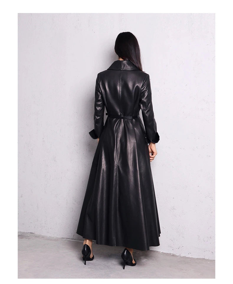 Nerazzurri High Quality Red Black Maxi Pu Leather Trench Coat for Women Extra Long Skirted Elegant Overcoat Fashion 5xl 6xl 7xl