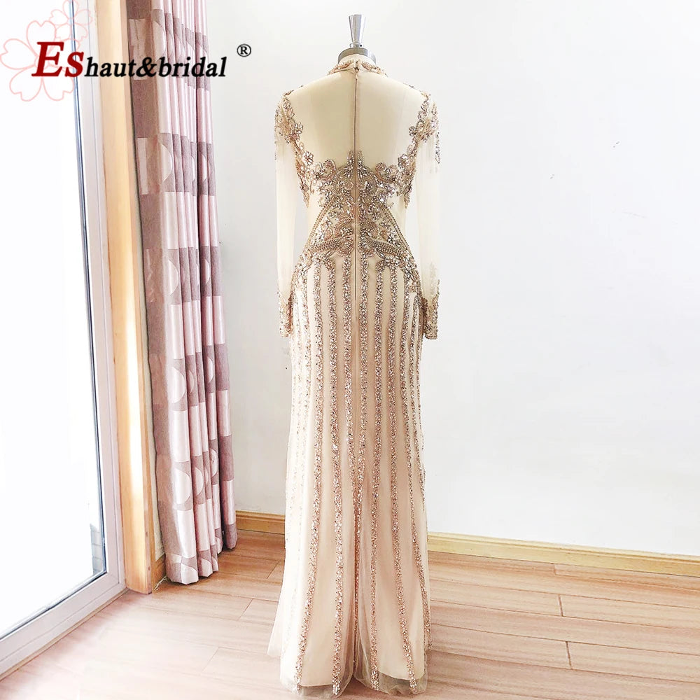 Elegant Muslim Wedding Evening Dress for Women 2026 Crystal High Neck Long Sleeves Mermaid Formal Prom Party Gowns Customized