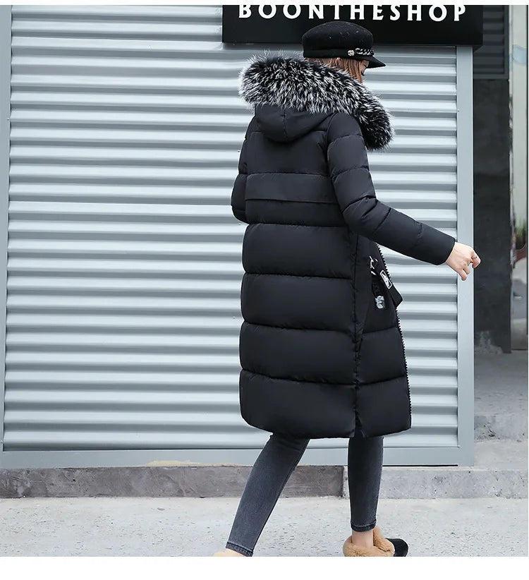 2024 Women's Down Parkas Winter Jacket Big Fur Collar Thick Slim Coat Fashion Hooded Cotton Outerwear Long Winter Woman Coat