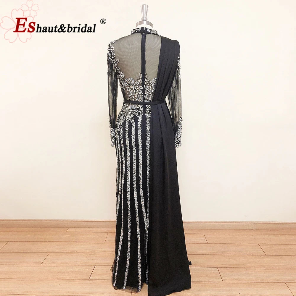 Elegant Muslim Wedding Evening Dress for Women 2026 Crystal High Neck Long Sleeves Mermaid Formal Prom Party Gowns Customized