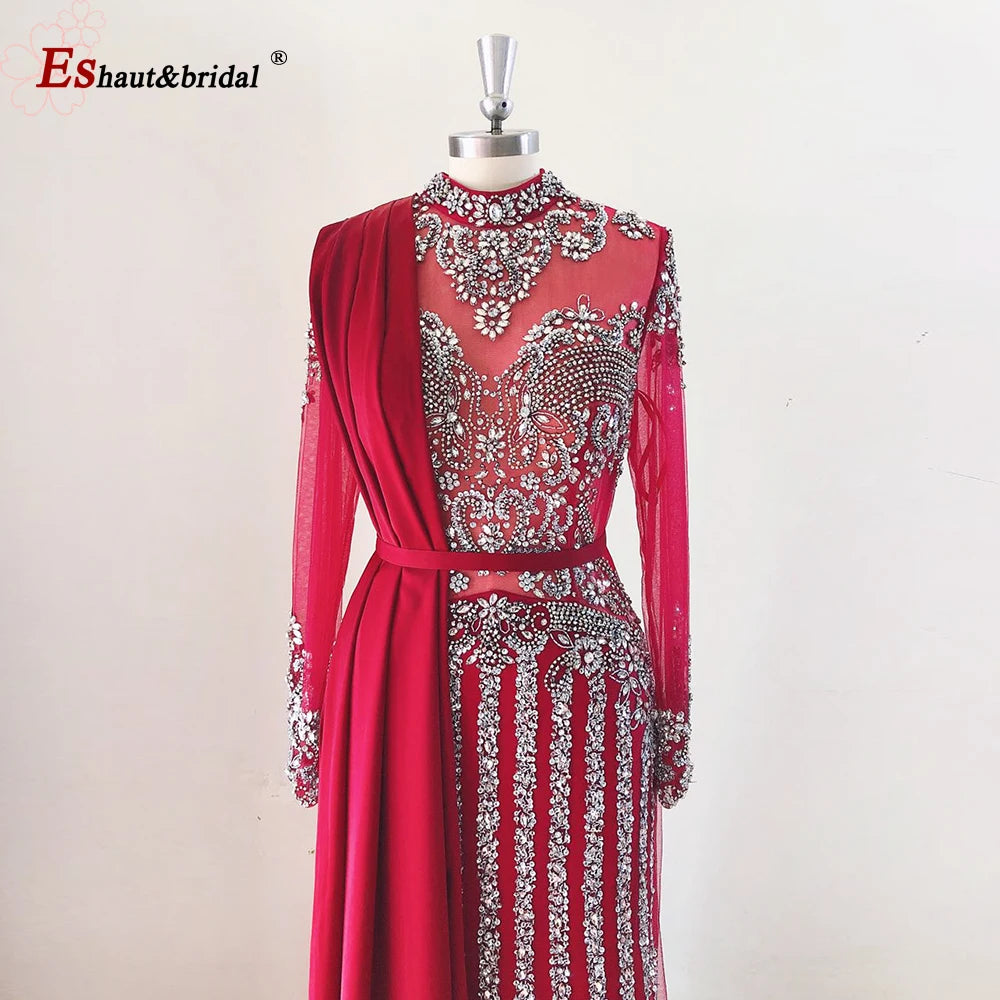 Elegant Muslim Wedding Evening Dress for Women 2026 Crystal High Neck Long Sleeves Mermaid Formal Prom Party Gowns Customized