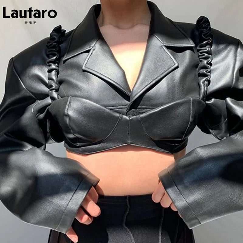 Lautaro Spring Autumn Short Black Light Faux Leather Jacket Women Long Sleeve Lapel Runway Stylish Sexy Fashion 2021 Cropped Top