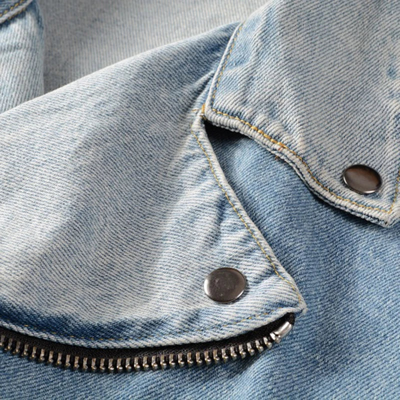 Sokotoo Men's Holes Ripped Blue Jean Biker Jacket for Motorcycle Streetwear Zippers Turn Down Collar Denim Coat Outerwear