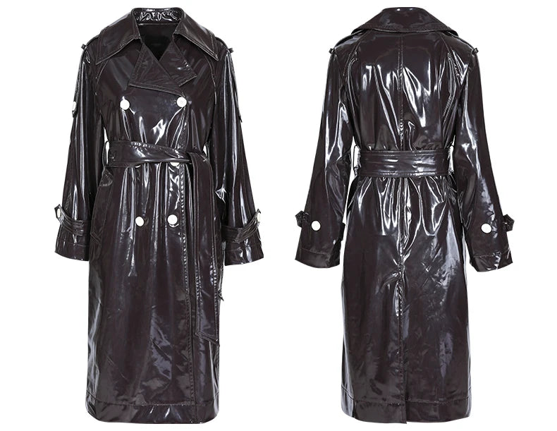 Nerazzurri Long Waterproof Black Patent Leather Trench Coat for Women 2020 Double Breasted Iridescent Oversized Leather Coat 7XL