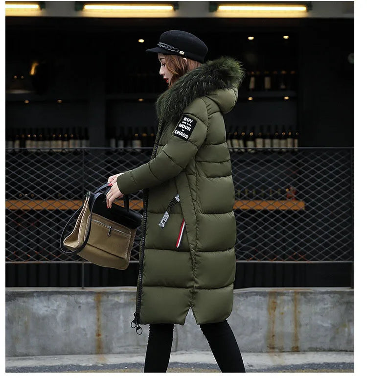 2024 Women's Down Parkas Winter Jacket Big Fur Collar Thick Slim Coat Fashion Hooded Cotton Outerwear Long Winter Woman Coat