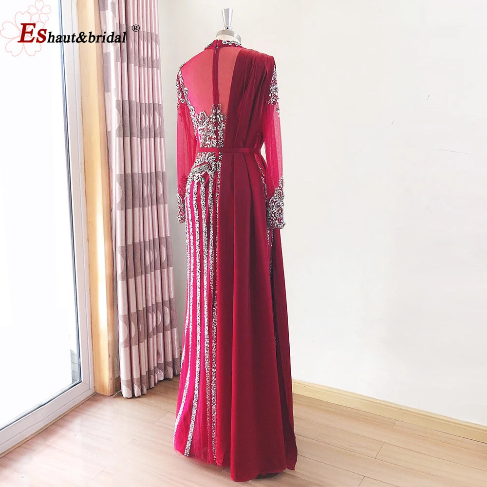 Elegant Muslim Wedding Evening Dress for Women 2026 Crystal High Neck Long Sleeves Mermaid Formal Prom Party Gowns Customized