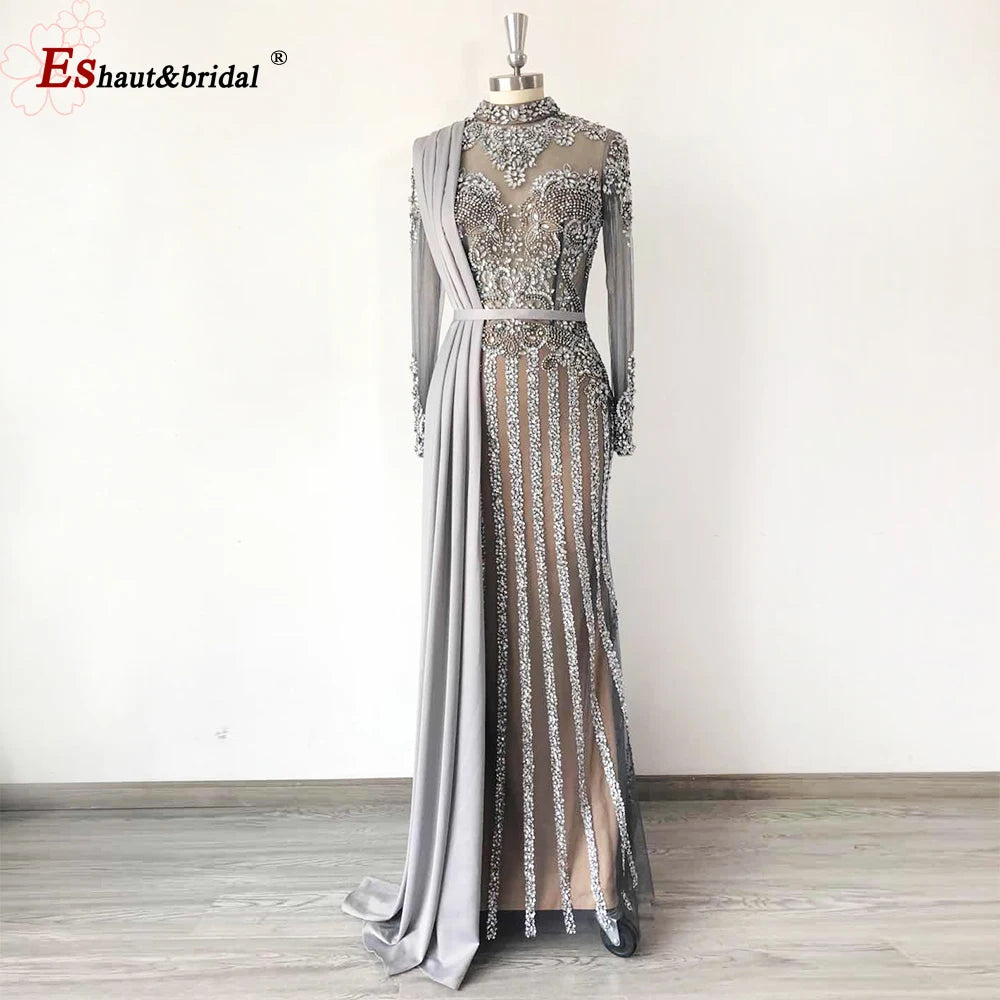 Elegant Muslim Wedding Evening Dress for Women 2026 Crystal High Neck Long Sleeves Mermaid Formal Prom Party Gowns Customized