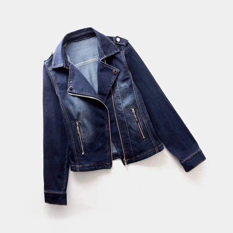 Short Zipper Stretch Denim Jacket Women Slim Vintage Spring Autumn Lady Long-sleeved Motorcycle Coat Casual Female Jean Outwear