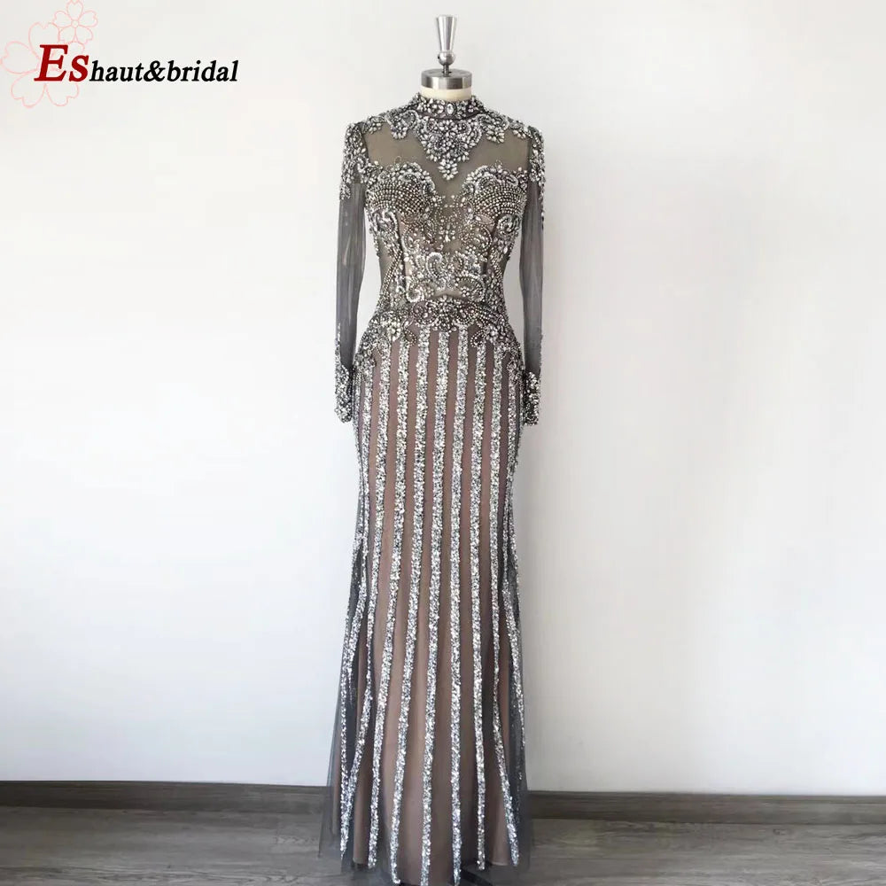 Elegant Muslim Wedding Evening Dress for Women 2026 Crystal High Neck Long Sleeves Mermaid Formal Prom Party Gowns Customized
