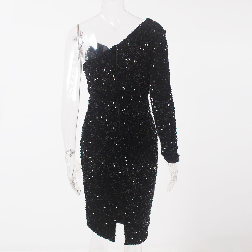 Black Stretch Sparkles Sequined One Sleeve Bodycon Party Dress Padded Knee Length Sexy Night Club Midi Dress Burgundy