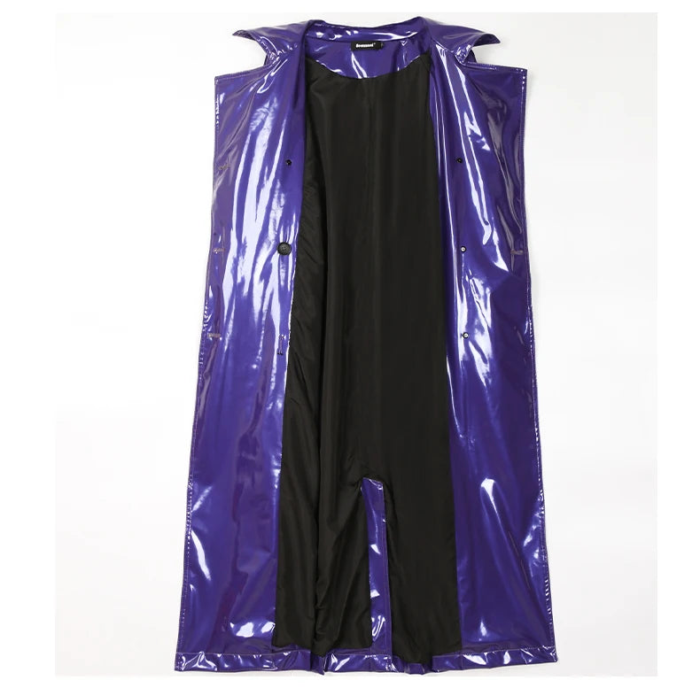 Nerazzurri Long Waterproof Black Patent Leather Trench Coat for Women 2020 Double Breasted Iridescent Oversized Leather Coat 7XL