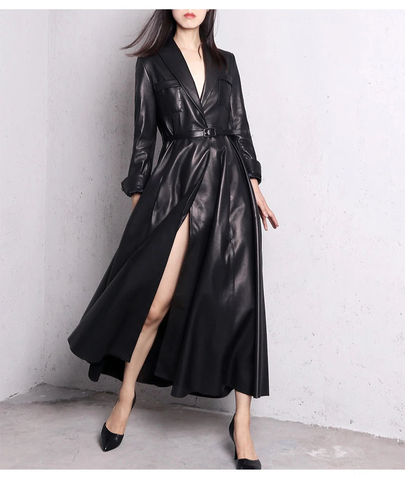 Nerazzurri High Quality Red Black Maxi Pu Leather Trench Coat for Women Extra Long Skirted Elegant Overcoat Fashion 5xl 6xl 7xl