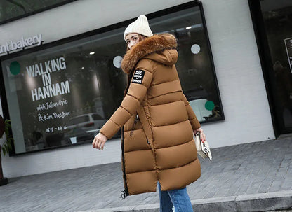 2024 Women's Down Parkas Winter Jacket Big Fur Collar Thick Slim Coat Fashion Hooded Cotton Outerwear Long Winter Woman Coat