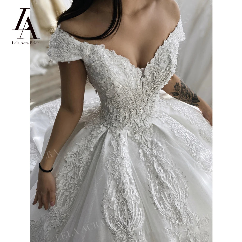 Luxury Sleeveless Wedding Dress Appliques Beaded Ball Gown Bridal Princess LelaAcra LI46 Customized Party Vestido De Novia