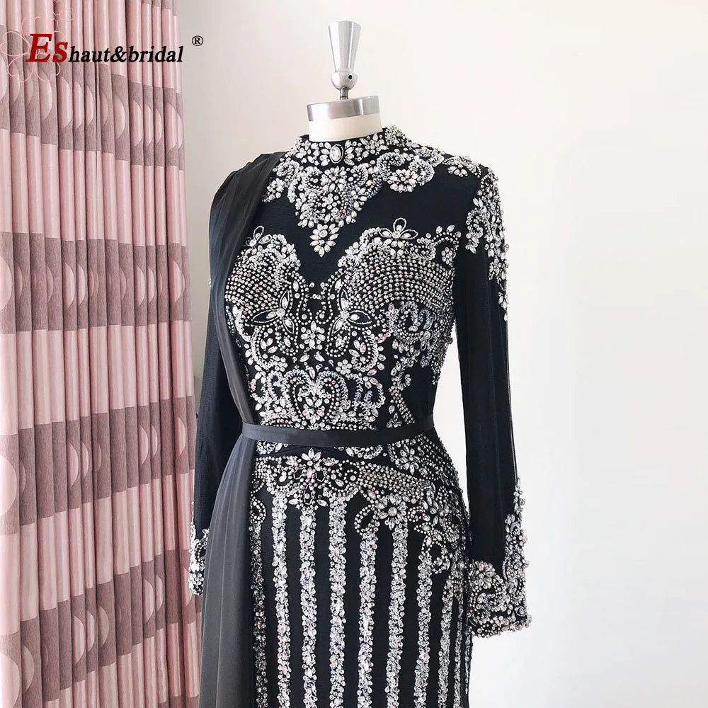 Elegant Muslim Wedding Evening Dress for Women 2026 Crystal High Neck Long Sleeves Mermaid Formal Prom Party Gowns Customized