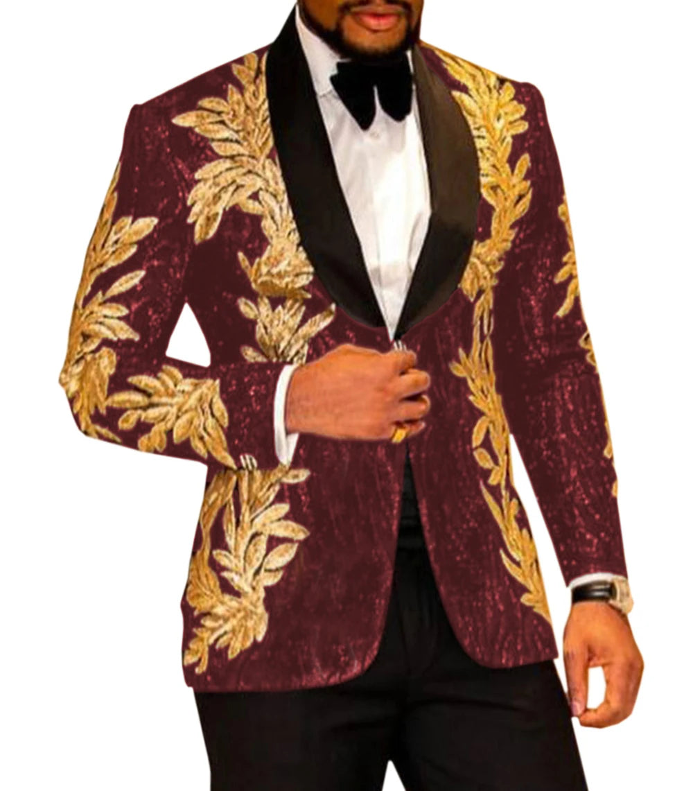 2 Pieces Slim Fit Men's Shiny Sequins Gold Applique Suits Prom Tuxedos Grooms Jacket For Wedding Party Suits Set  Blazer+Pants