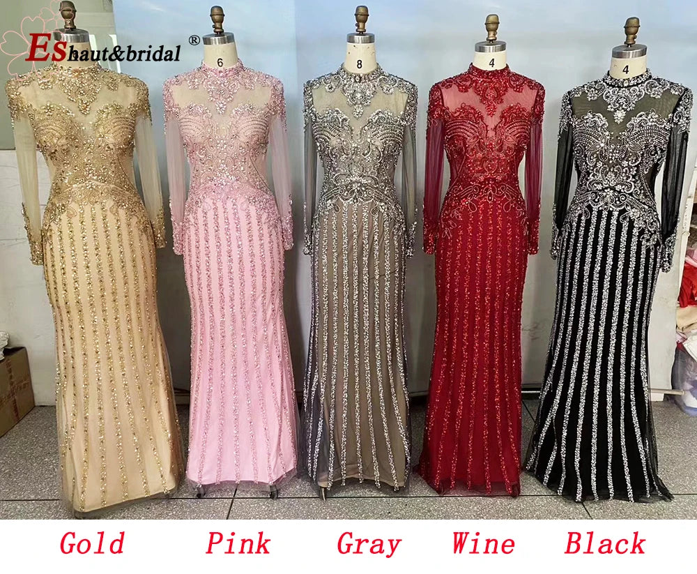 Elegant Muslim Wedding Evening Dress for Women 2026 Crystal High Neck Long Sleeves Mermaid Formal Prom Party Gowns Customized