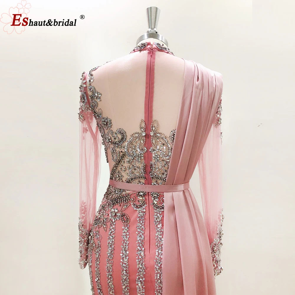 Elegant Muslim Wedding Evening Dress for Women 2026 Crystal High Neck Long Sleeves Mermaid Formal Prom Party Gowns Customized