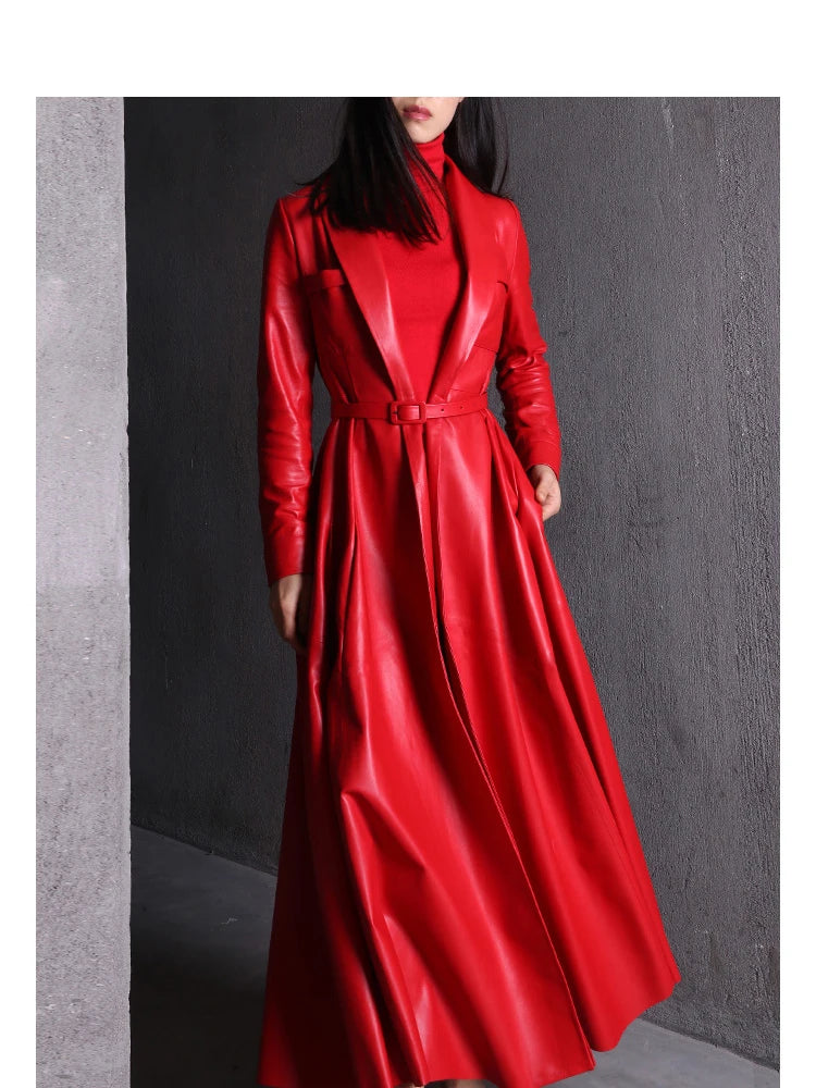 Nerazzurri High Quality Red Black Maxi Pu Leather Trench Coat for Women Extra Long Skirted Elegant Overcoat Fashion 5xl 6xl 7xl